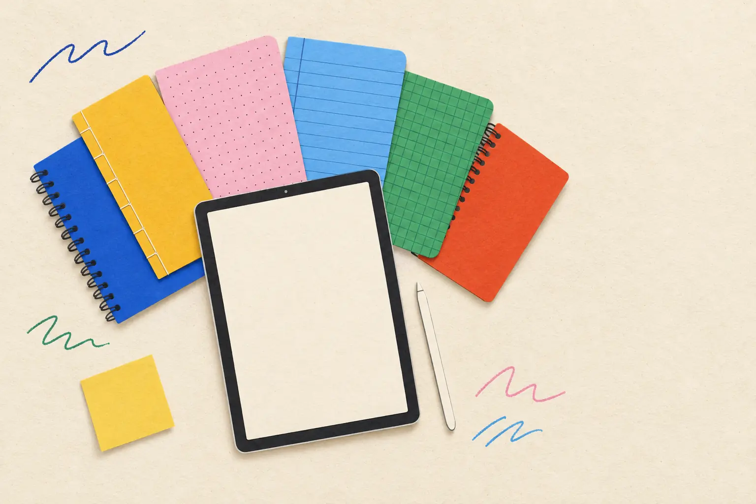 A tablet and a stylus surrounded by a fan of paper notebooks in different colors, cut-paper illustration.