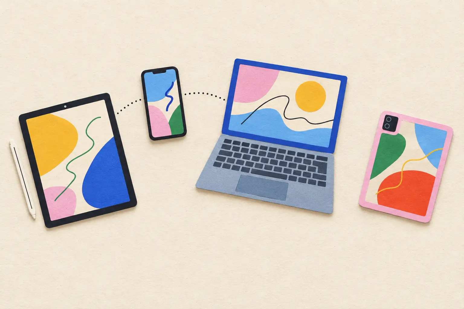 Four paper devices, two tablets, a phone and a laptop, joined by dotted lines, with one tablet standing apart.