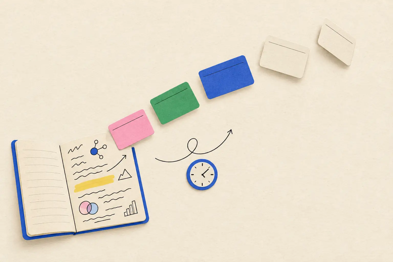 An open notebook with handwritten notes, from which a row of colorful flashcards lifts off and flies to the right.