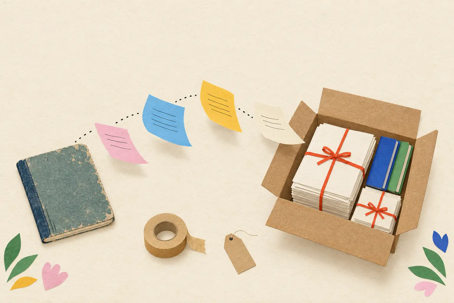 Stacks of paper pages tied with red ribbon flying along a dotted line from an old notebook into a cardboard moving box.